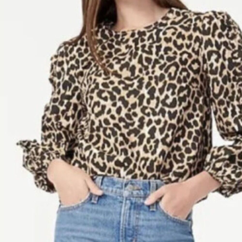 J. Crew Rosarita Long Ruffle Puff Sleeve Leopard Print Blouse - M
